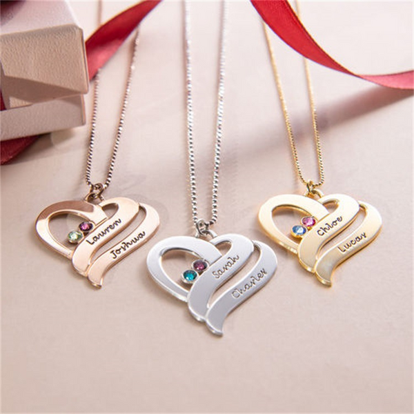 Double Hearts Name Necklace in 18K Gold Over Sterling Silver